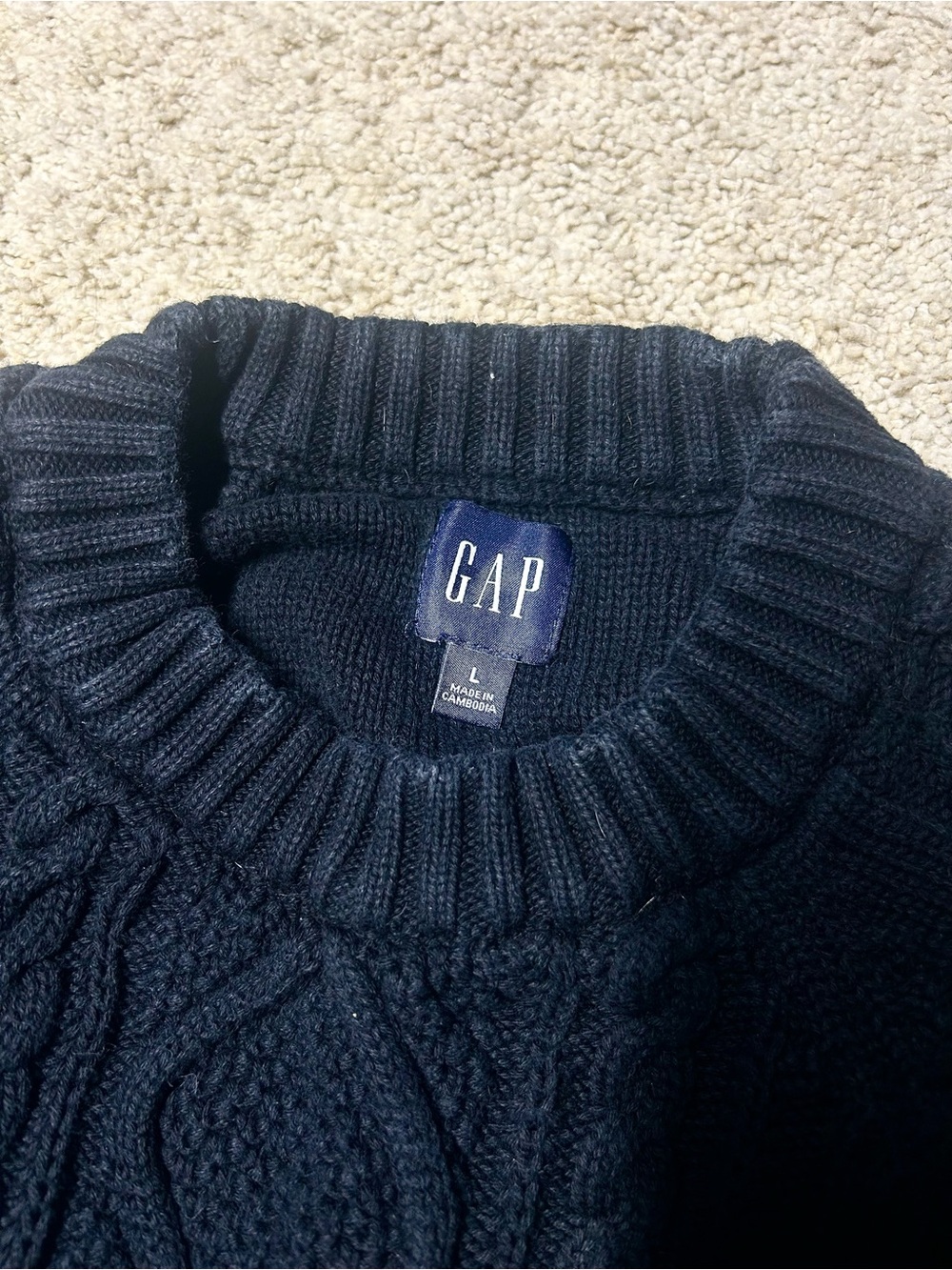 GAP Black Cable Knit Crewneck Sweater Size L 100% Cotton Preppy Classic